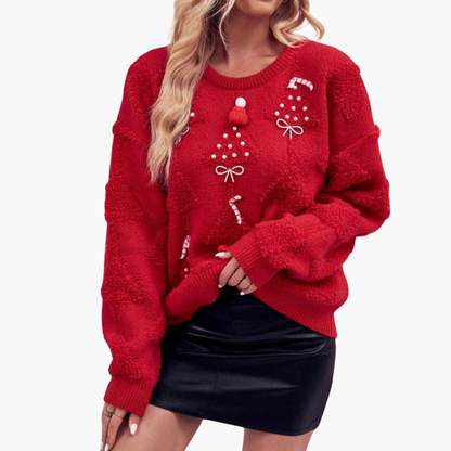Damen Weihnachtspullover mit 3D Tannenbaum und gestickten Motiven 1