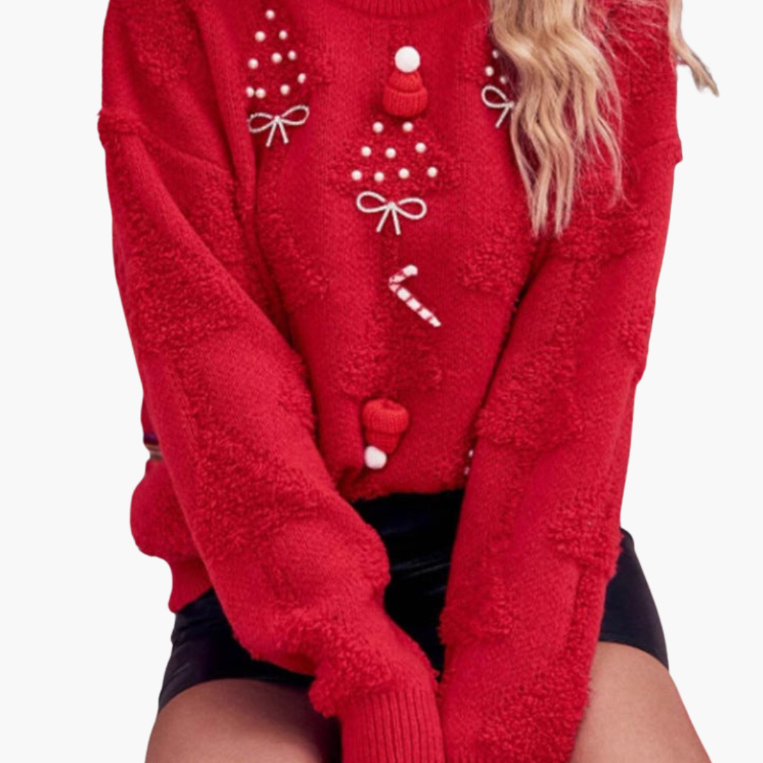 Damen Weihnachtspullover mit 3D Tannenbaum und gestickten Motiven 2