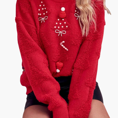 Damen Weihnachtspullover mit 3D Tannenbaum und gestickten Motiven 2