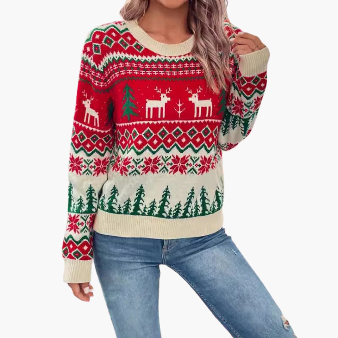 Damen Weihnachtspullover mit Rentier und Baumdesign 0