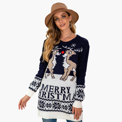 Damen Weihnachtspullover mit Rentier und Schneeflockenmuster 0