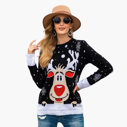 Damen Weihnachtspullover mit Rentier und Schneeflockenmuster 0