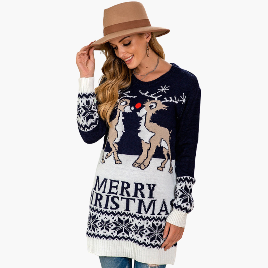 Damen Weihnachtspullover mit Rentier und Schneeflockenmuster 1