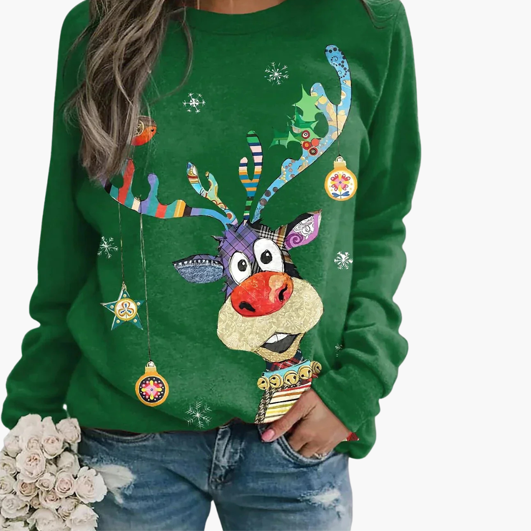 Damen Weihnachtspullover mit Rentier und Schneemann-Print 1
