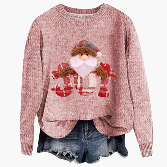 Damen Weihnachtspullover mit Santa Motiv und geripptem Saum 0