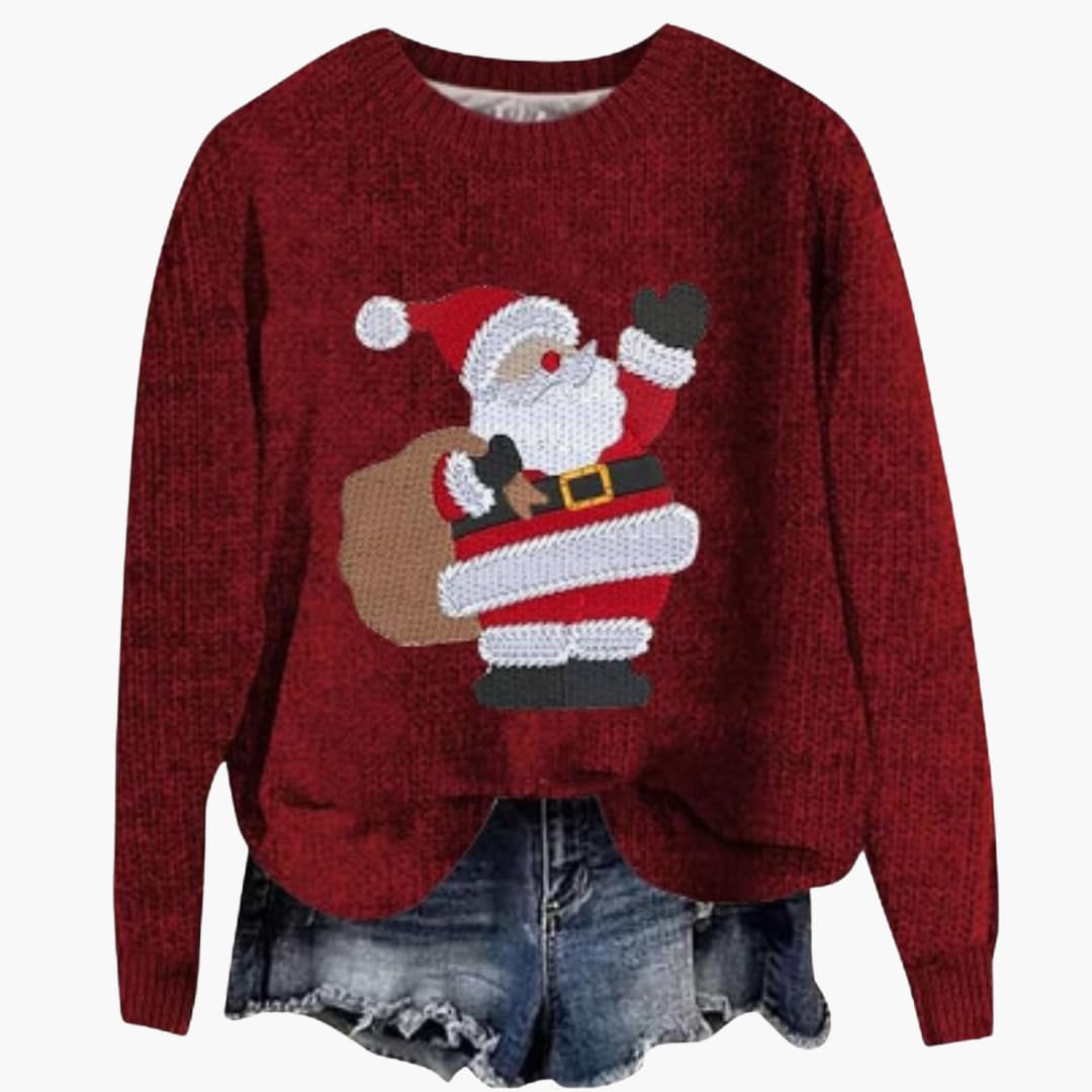 Damen Weihnachtspullover mit Santa Motiv und geripptem Saum 1