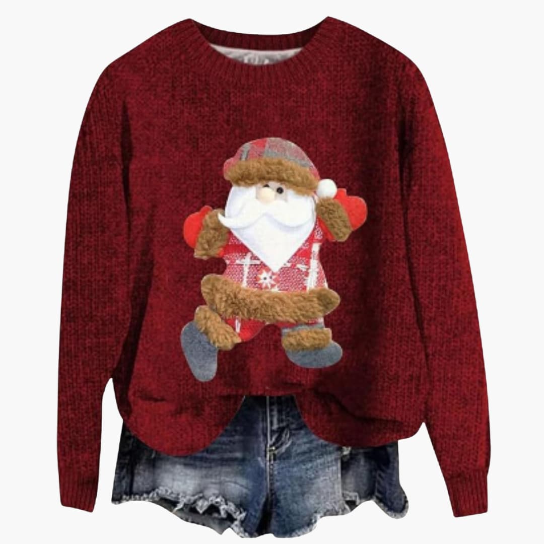Damen Weihnachtspullover mit Santa Motiv und geripptem Saum 2