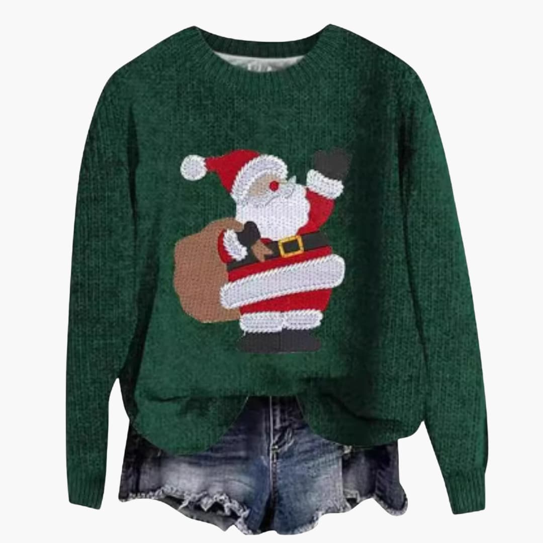 Damen Weihnachtspullover mit Santa Motiv und geripptem Saum 3