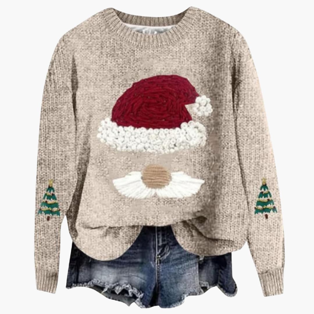 Damen Weihnachtspullover mit Santa Motiv und geripptem Saum 7