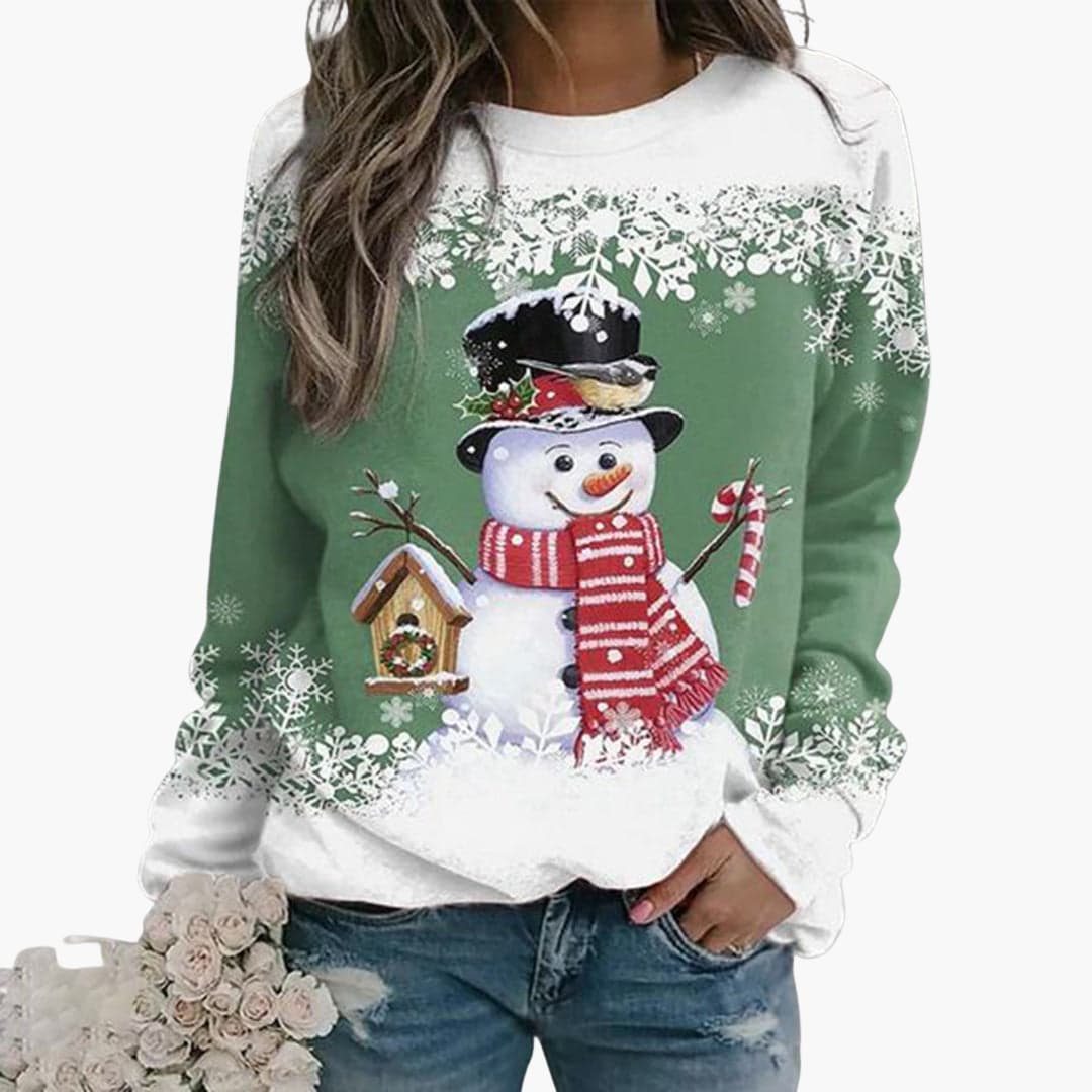 Damen Weihnachtspullover mit Schneemann und Schneeflocken Print 0