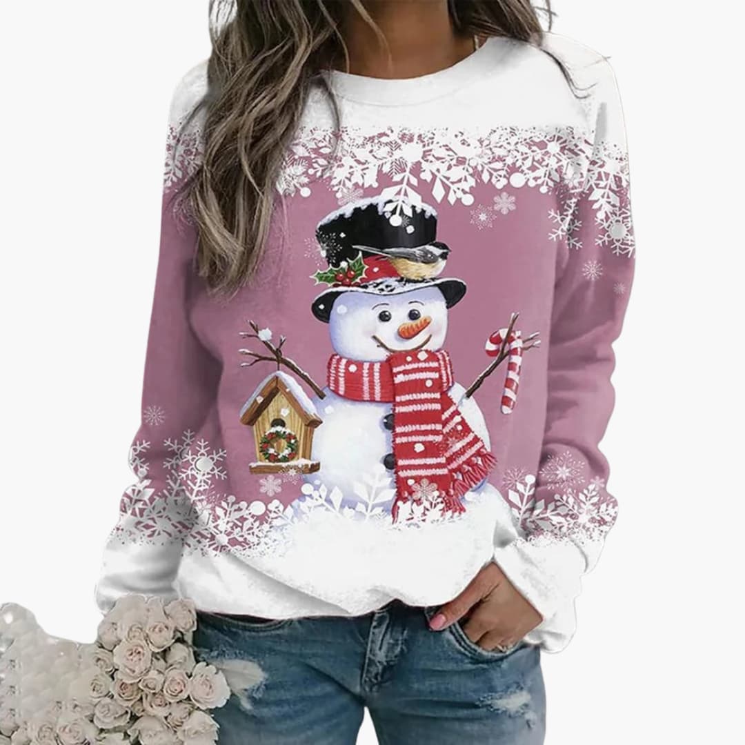 Damen Weihnachtspullover mit Schneemann und Schneeflocken Print 2