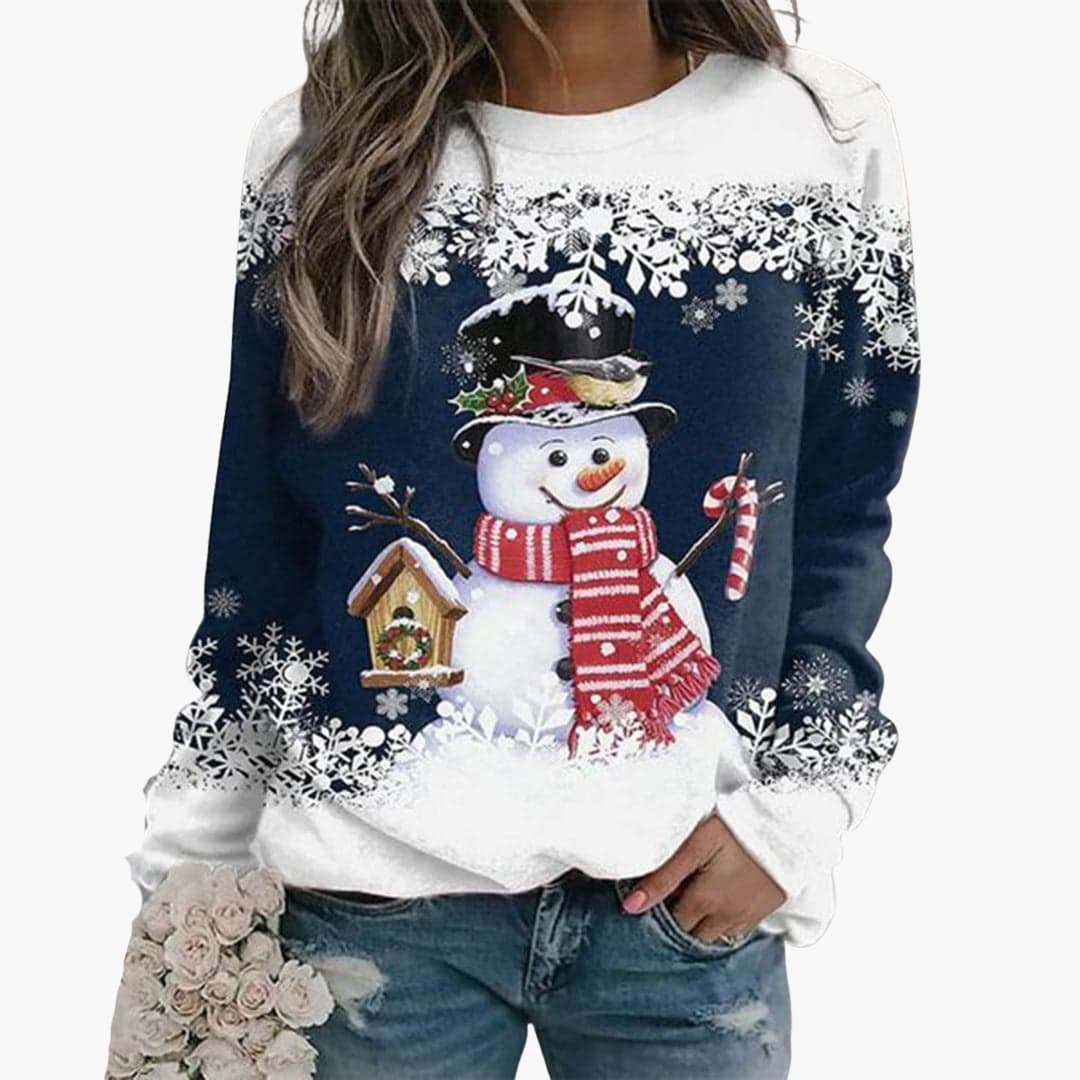 Damen Weihnachtspullover mit Schneemann und Schneeflocken Print 3