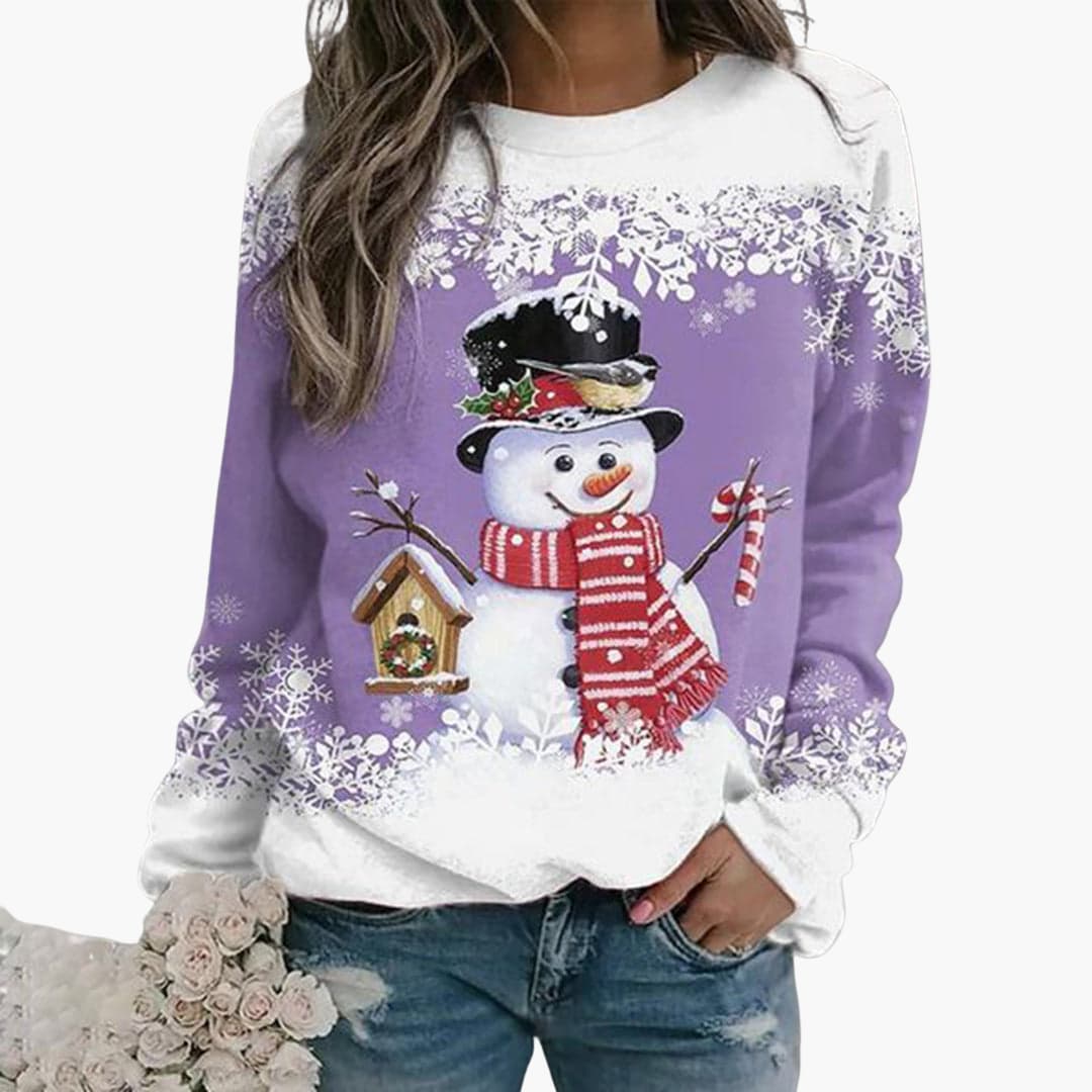Damen Weihnachtspullover mit Schneemann und Schneeflocken Print 4