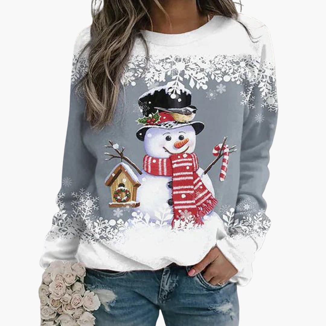 Damen Weihnachtspullover mit Schneemann und Schneeflocken Print 5