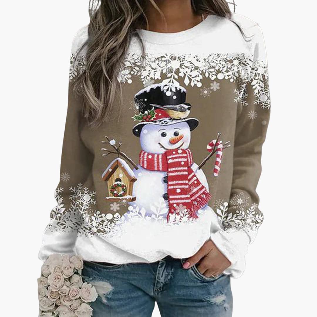 Damen Weihnachtspullover mit Schneemann und Schneeflocken Print 6