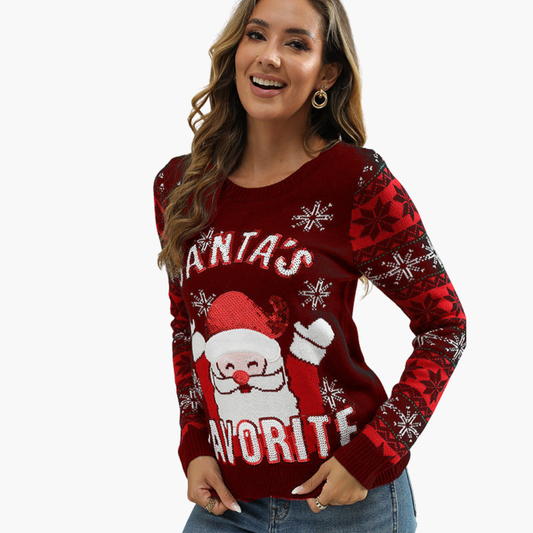 Damen Weihnachtspullover mit Schneemann und Tannenbaum-Motiv 0