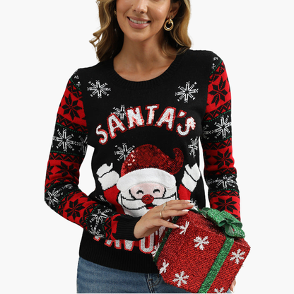 Damen Weihnachtspullover mit Schneemann und Tannenbaum-Motiv 1