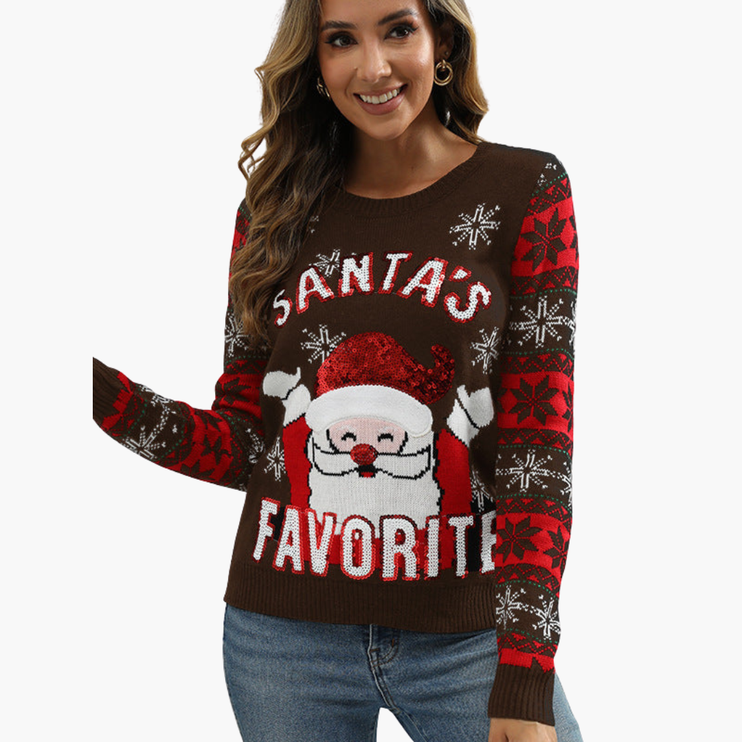 Damen Weihnachtspullover mit Schneemann und Tannenbaum-Motiv 2