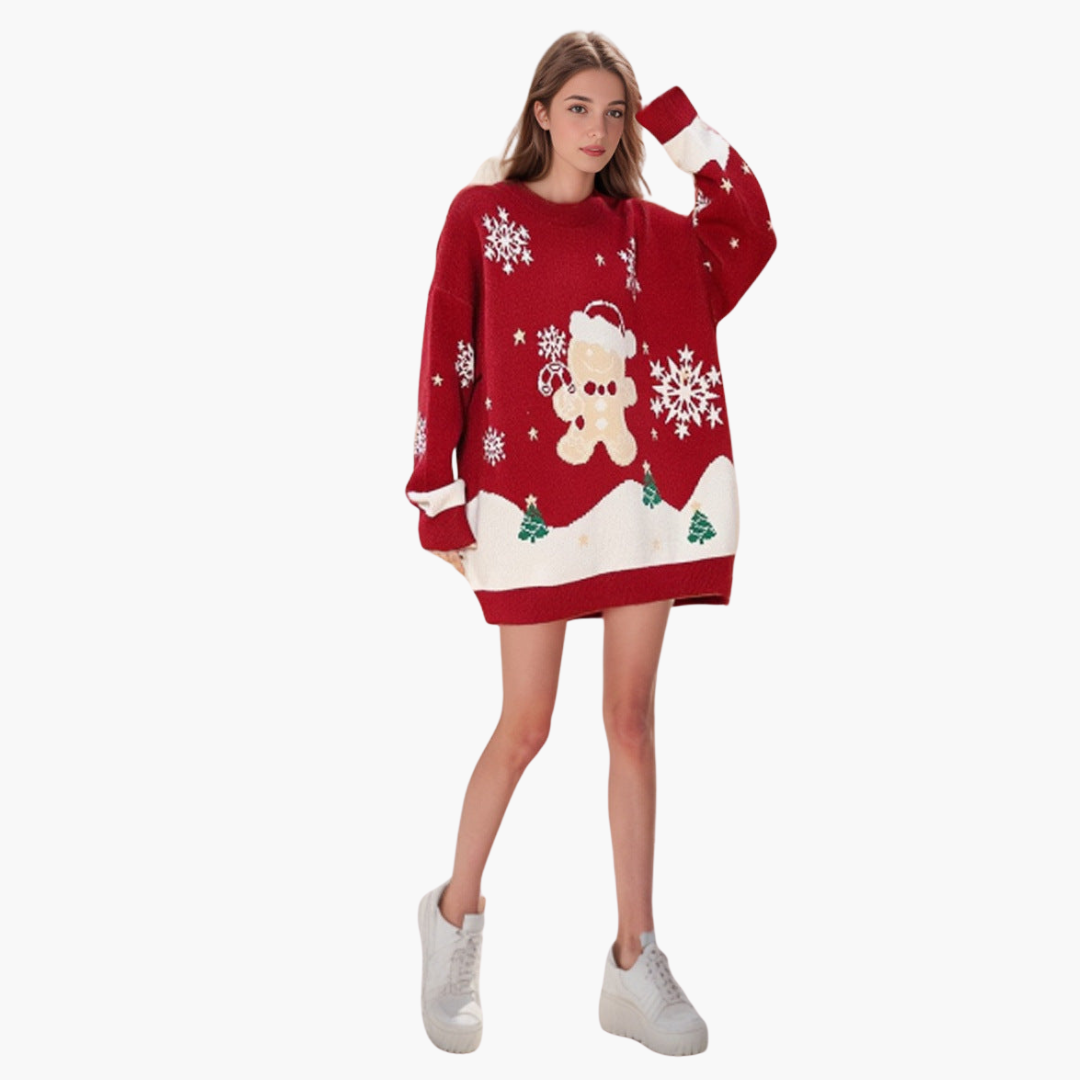 Damen Weihnachtspullover mit Schneemann und Tannenbaum Motiv 0