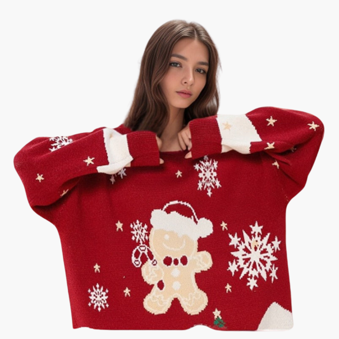 Damen Weihnachtspullover mit Schneemann und Tannenbaum Motiv 1