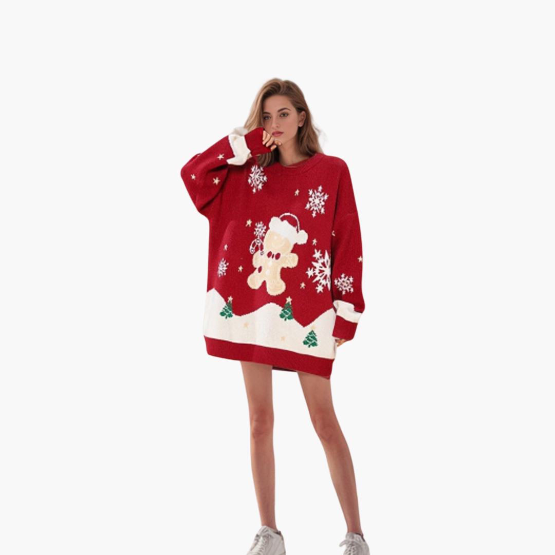 Damen Weihnachtspullover mit Schneemann und Tannenbaum Motiv 3