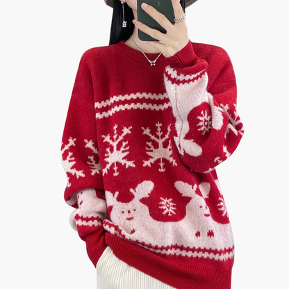 Damen Weihnachtspullover mit Strickmuster und Rundhals 0