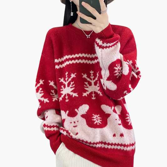 Damen Weihnachtspullover mit Strickmuster und Rundhals 0