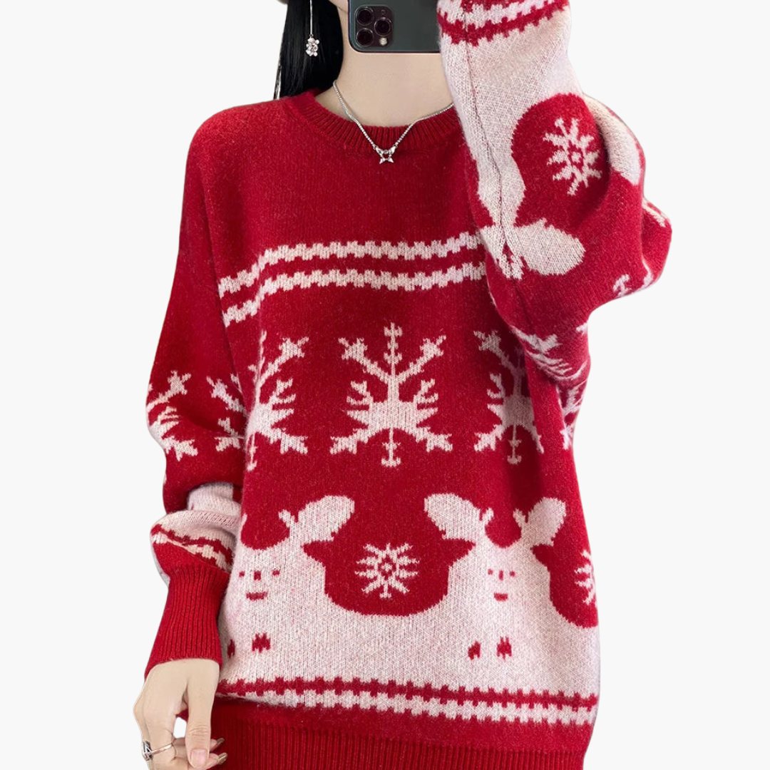 Damen Weihnachtspullover mit Strickmuster und Rundhals 1