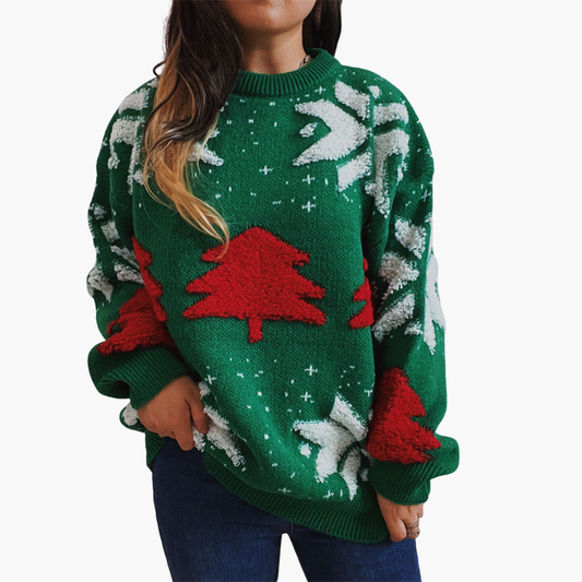 Damen Weihnachtspullover mit Tannenbaum- und Schneeflockenmotiv 0