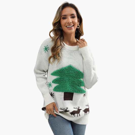Damen Weihnachtspullover mit Tannenbaum und Schneeflockenmotiv 0