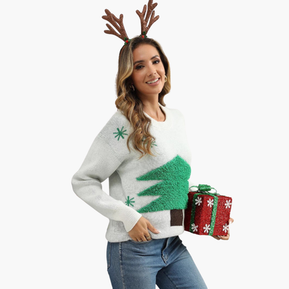 Damen Weihnachtspullover mit Tannenbaum und Schneeflockenmotiv 2