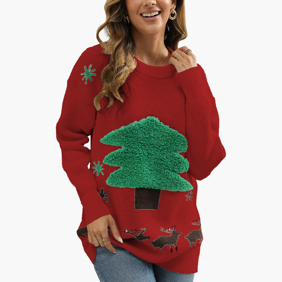 Damen Weihnachtspullover mit Tannenbaum und Schneeflockenmotiv 5