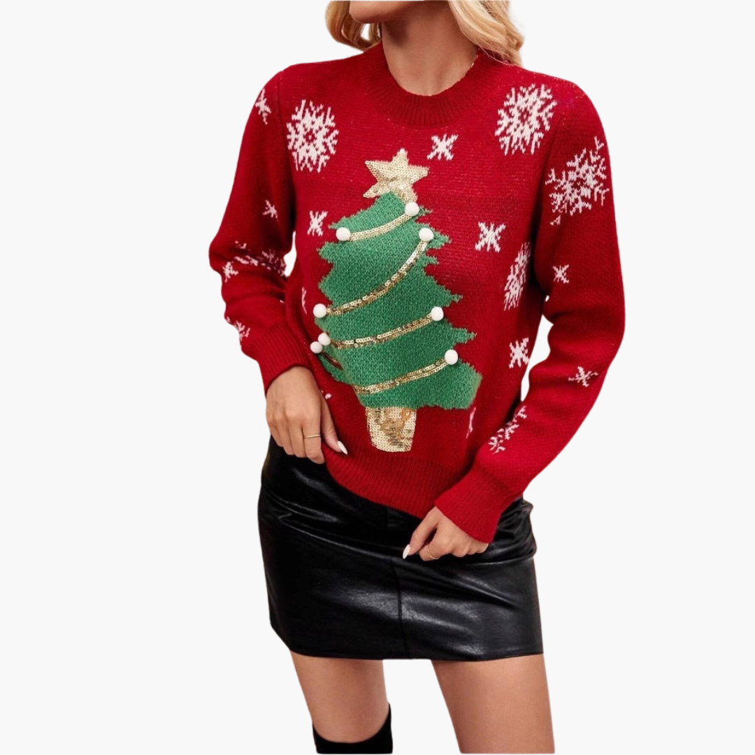 Damen Weihnachtspullover mit Tannenbaum und Schneeflockenmuster 1