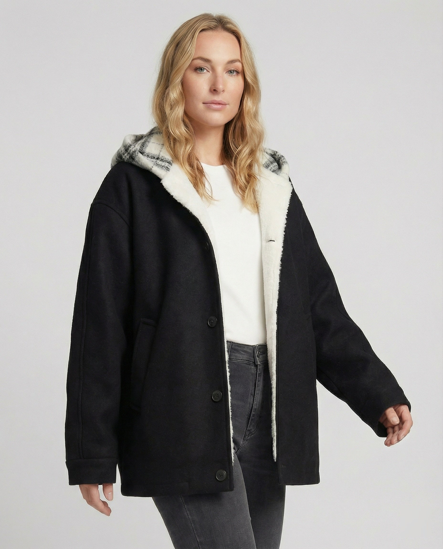 Große Kapuzenjacke Wollmix Karo Innenfutter - BerlinGlamour
