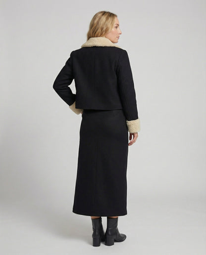 Damen Kostüm Set Wollmix Kunstfell Kragen Modern