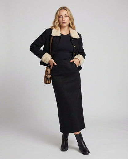 Damen Kostüm Set Wollmix Kunstfell Kragen Modern