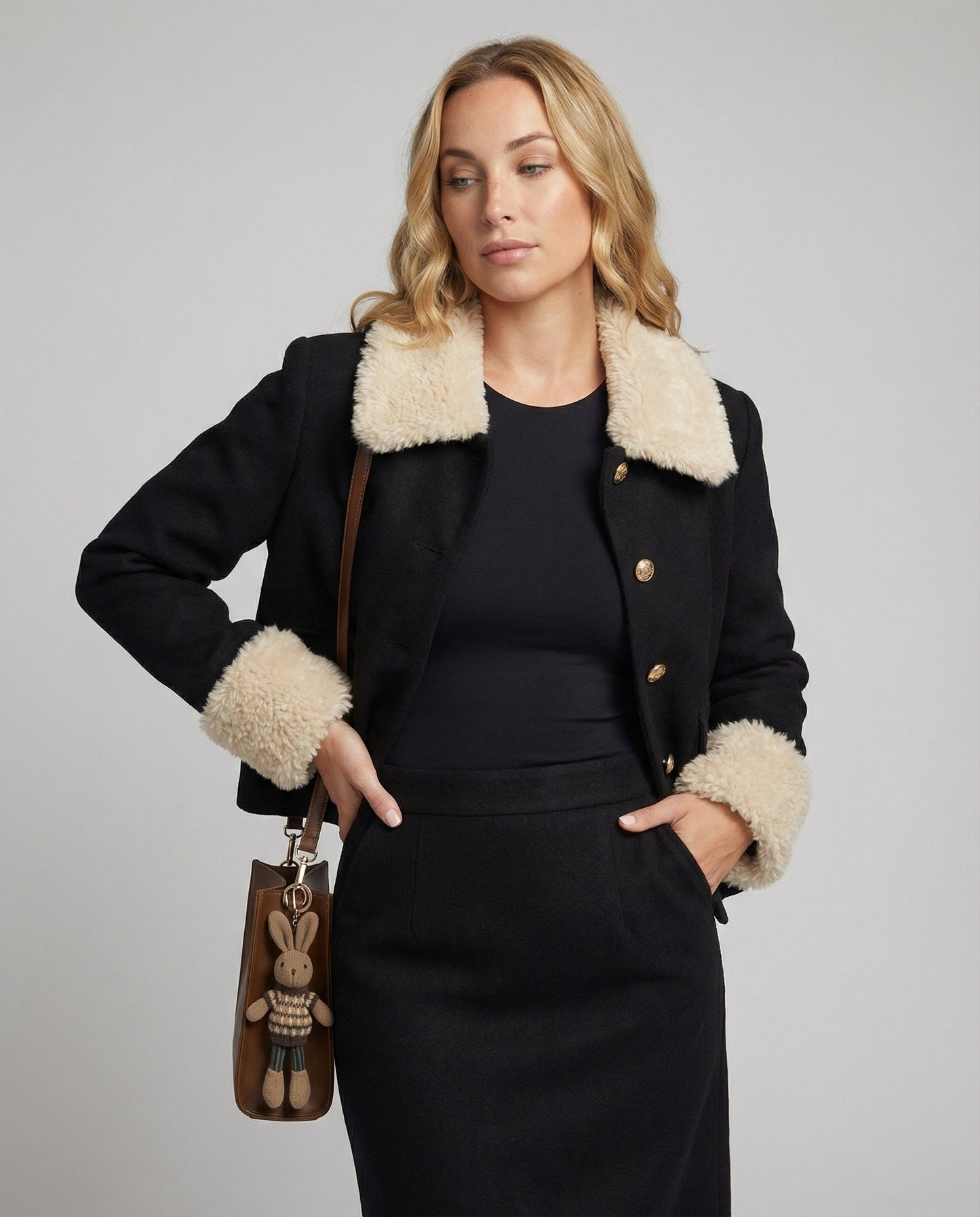 Damen Kostüm Set Wollmix Kunstfell Kragen Modern - BerlinGlamour