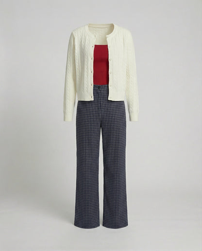 Kurz geschnittene Strickjacke Zopfmuster Rundhals Modern Frauen