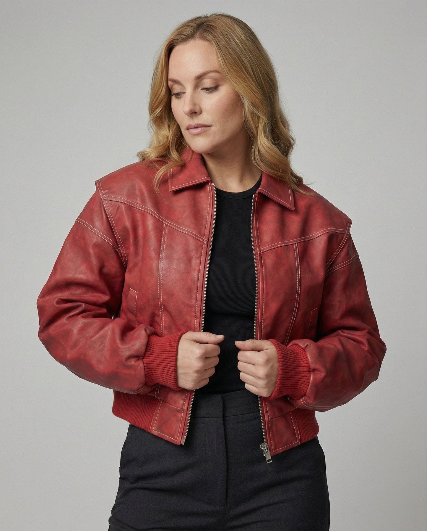 Lederjacke Damen Modern Raglan Ärmel Reißverschluss