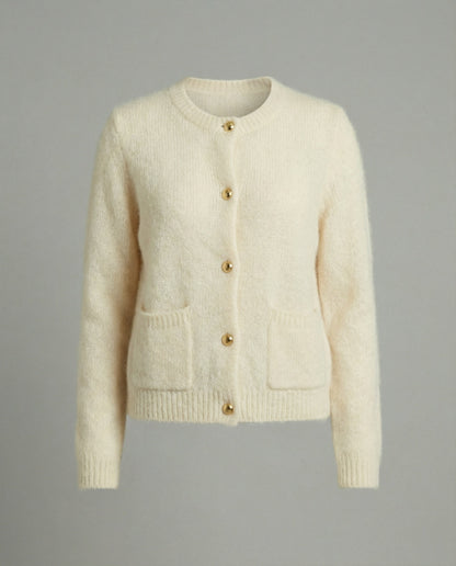 Kurze Bouclé-Cardigan mit Goldknöpfen und Eingrifftaschen