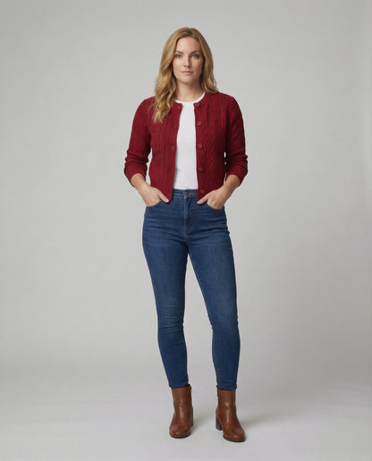 Strickjacke Kurz Zopfmuster Rundhals Damen Modisch