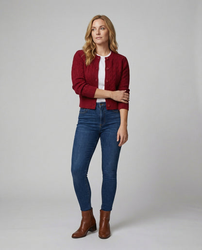Strickjacke Kurz Zopfmuster Rundhals Damen Modisch - BerlinGlamour