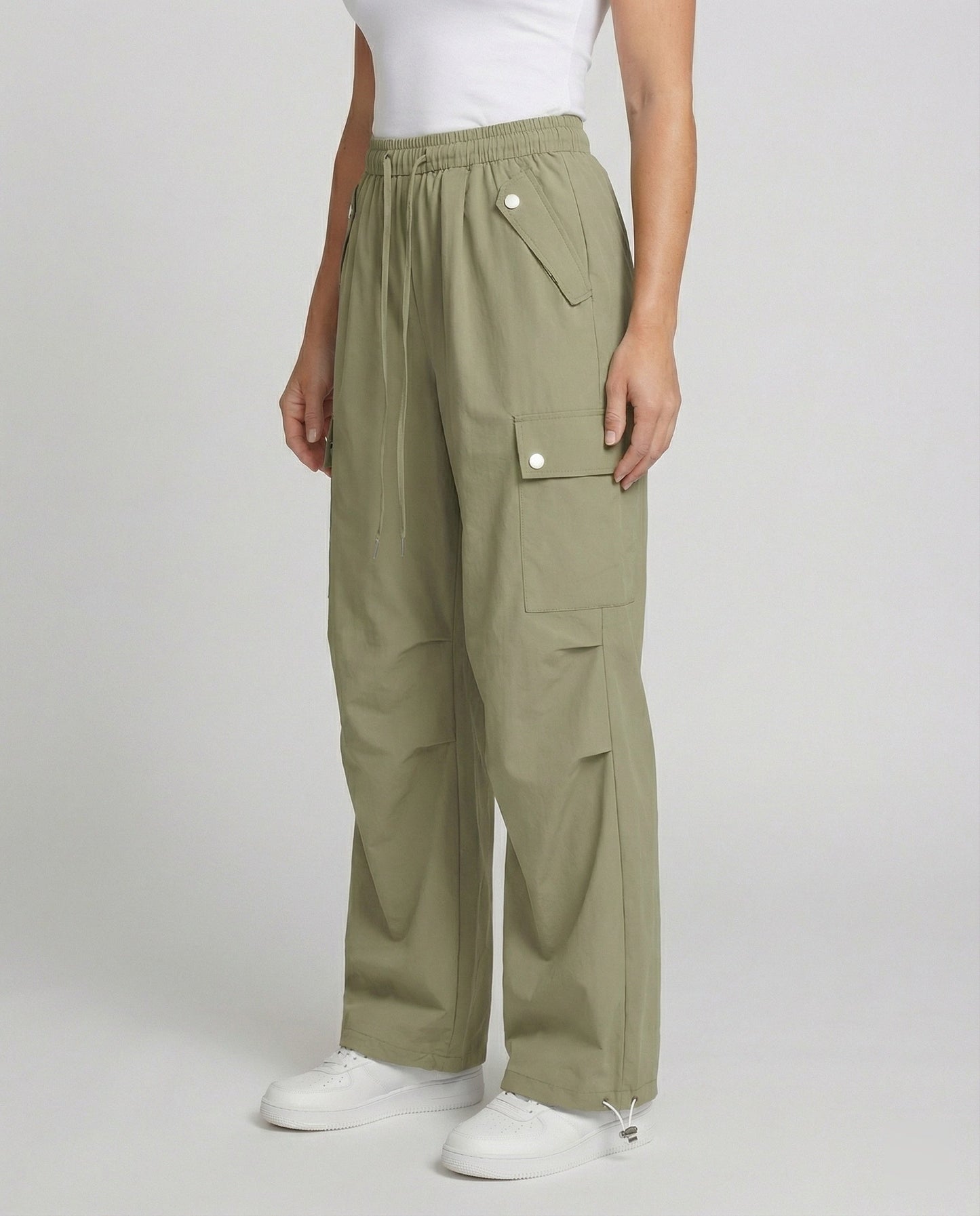 Hohe Cargohose Damengras mit Kordelzug und Tunnelzug Elastic