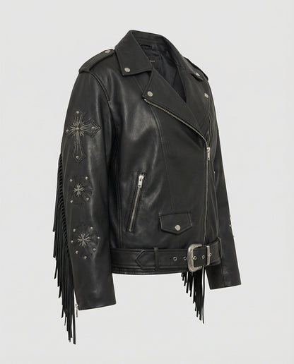 Leder Bikerjacke Oversized Sternnieten Schnalle Schwarz