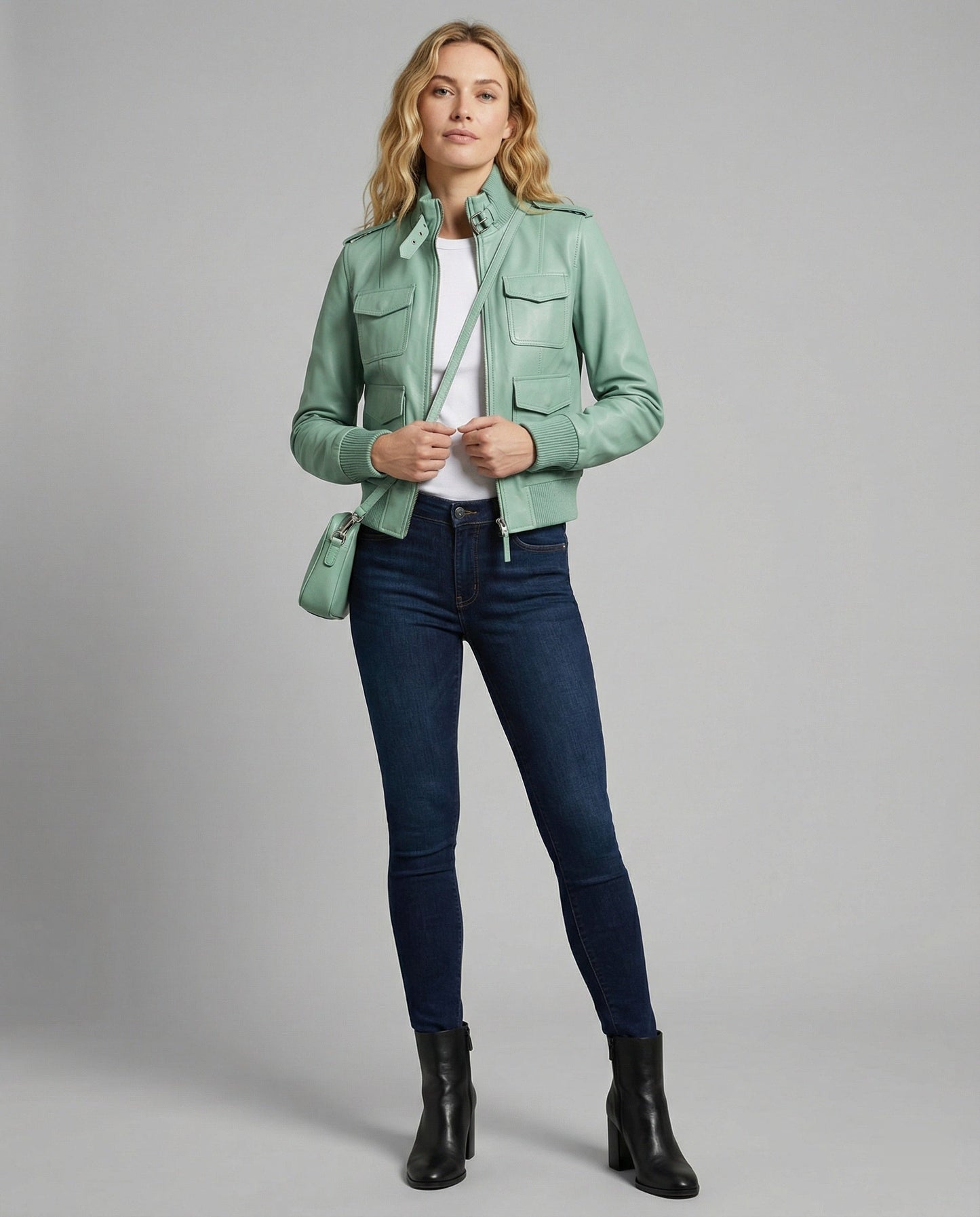 Lederjacke Damen Kurz Stehkragen mit Steppung Modern
