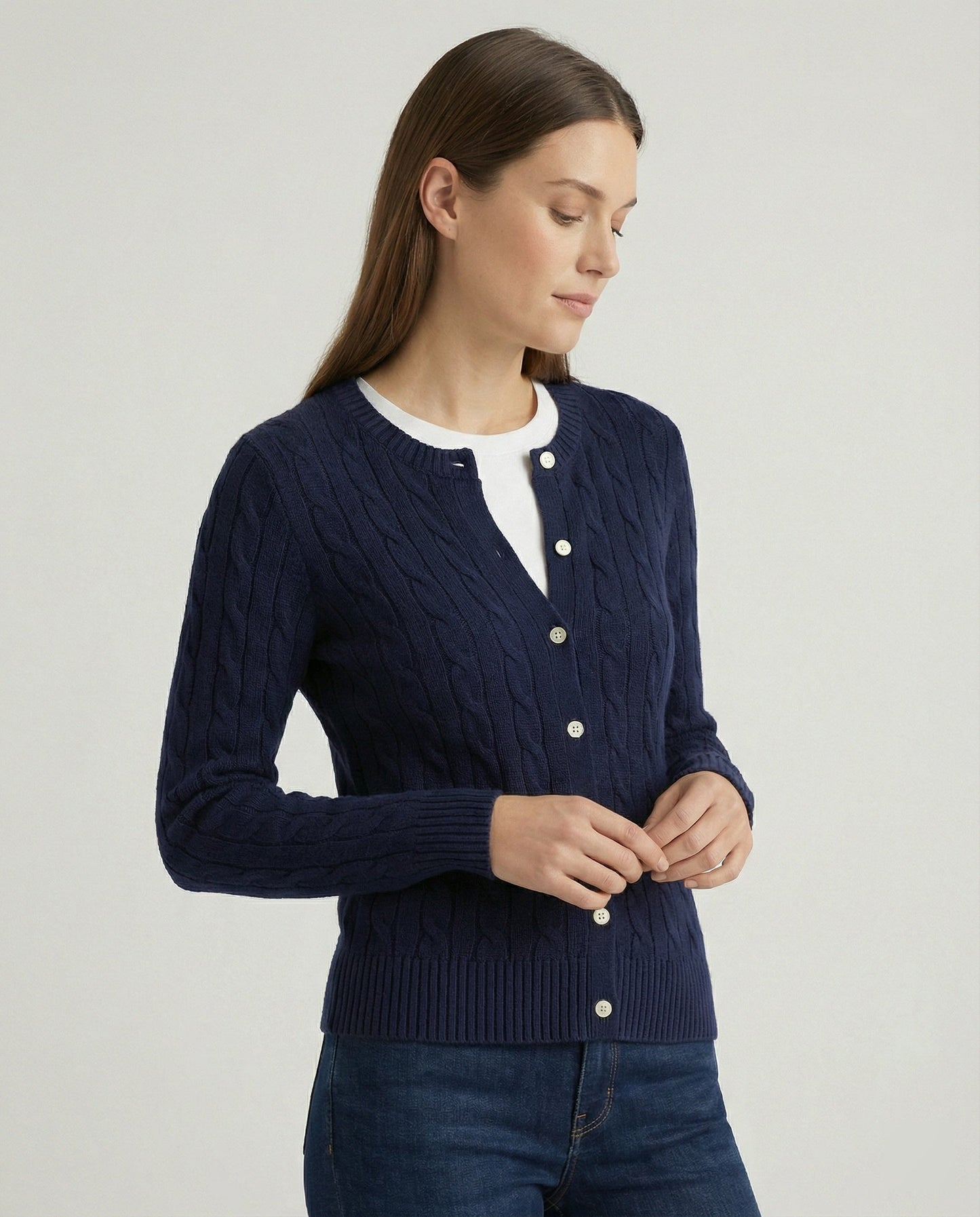 Knopfcardigan Damen Slim Fit Rundhals Zopfmuster