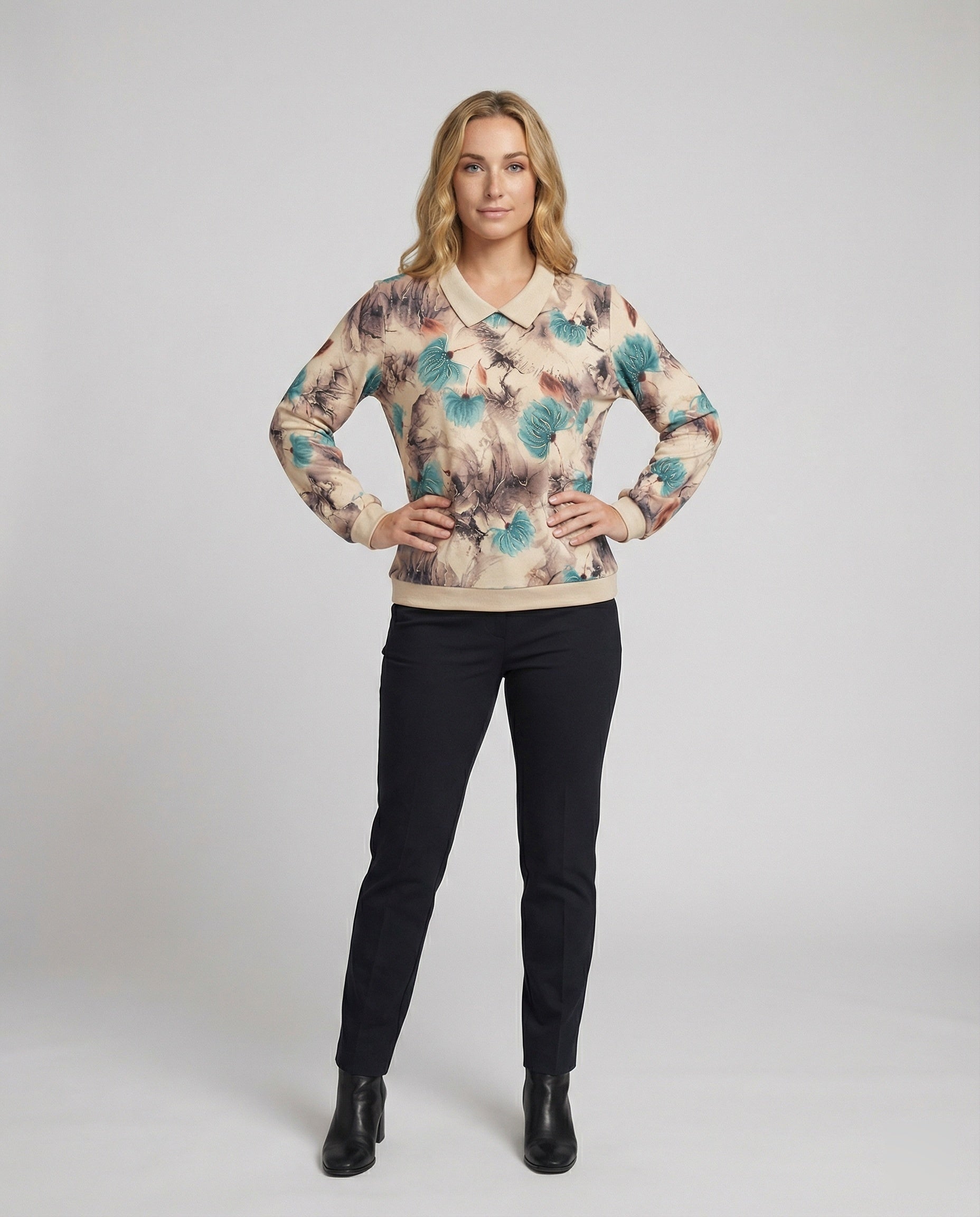 Weites Damen Sweatshirt mit Polokragen Floral Print Modern - BerlinGlamour
