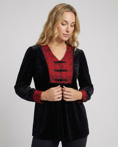 Elegante Brokat Tunika Damen Samt V-Ausschnitt