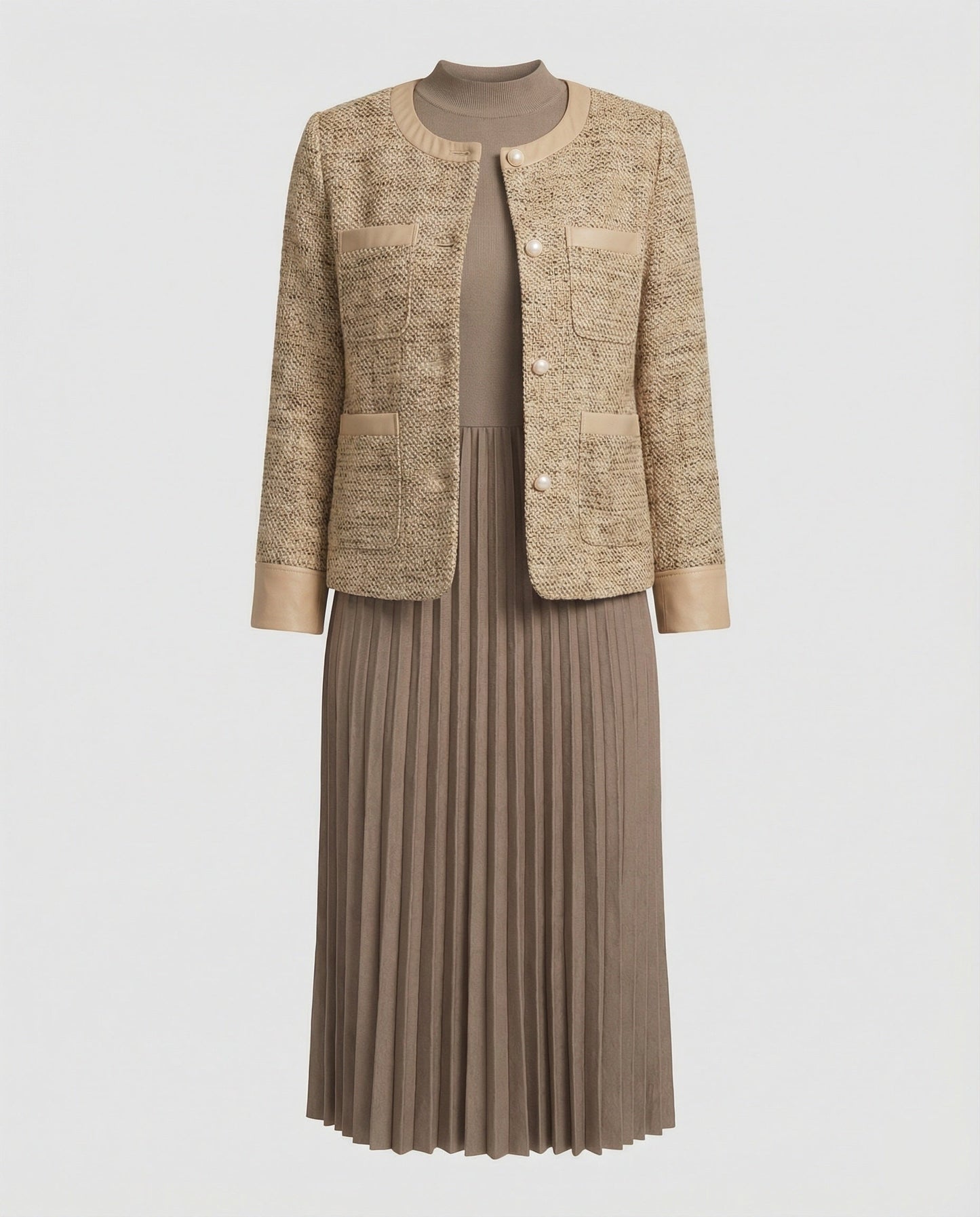 Bouclé-Jacke Ensemble mit Rundhals und Plissierrock