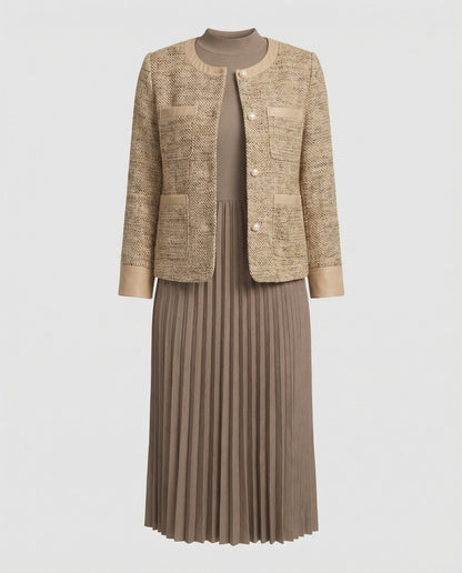 Bouclé-Jacke Ensemble mit Rundhals und Plissierrock